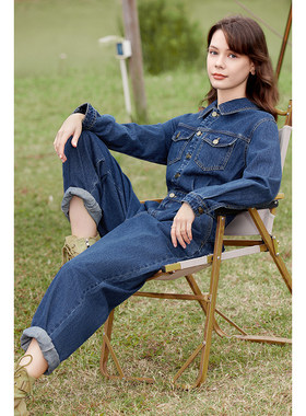 betu百图工装牛仔连体裤春新款酷帅工装长袖阔腿牛仔连体裤女