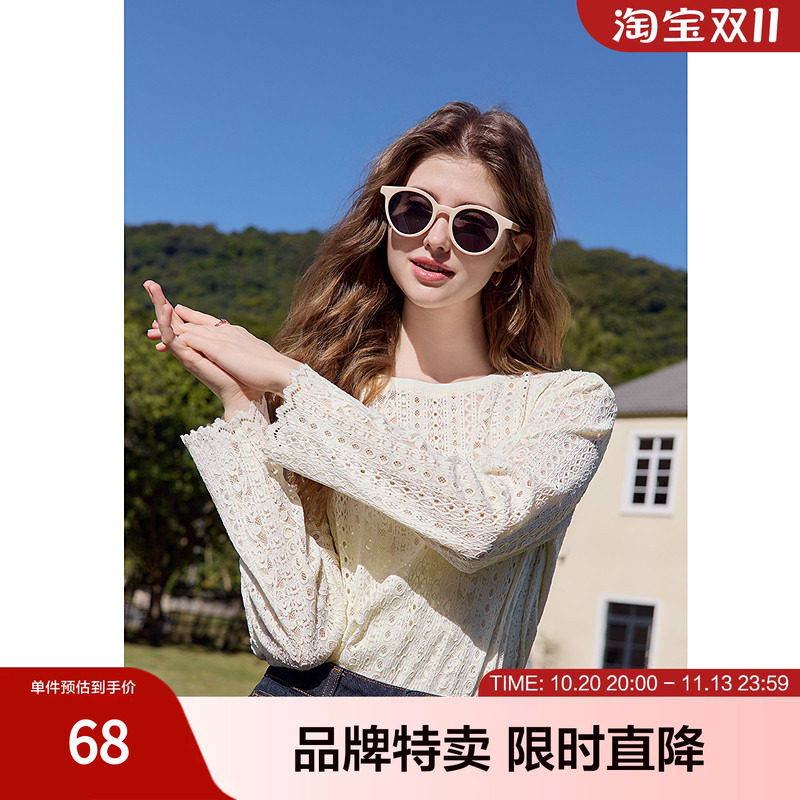 百图镂空T恤透气镂空纯色百搭圆领长袖女式T恤