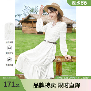 betu百图秋装新款高腰显瘦波西米亚V领系带连衣裙子