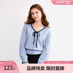 betu百图撞色蝴蝶结系带针织衫新款纽扣装饰温柔甜美针织衫