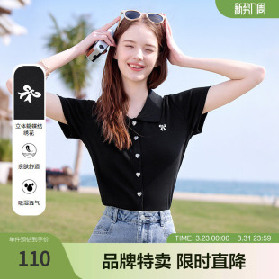 2025百图黑色翻领短袖 女生T恤 蝴蝶结小清新百搭舒适简约修身