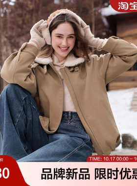 betu百图2026年冬季新款棉衣短款通勤长袖带毛领女士棉服连帽厚实