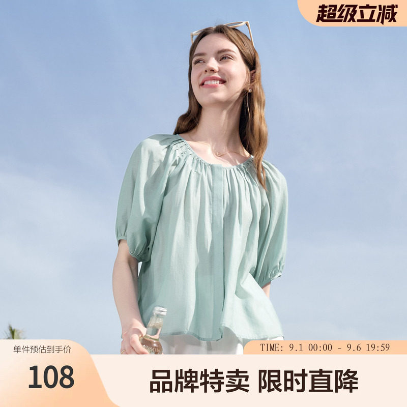 Betu百图欧若风圆领娃娃衫夏季泡泡袖小衫衬衣温柔风宽松显瘦