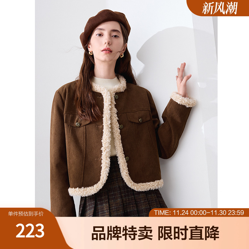 betu百图灯芯绒外套撞色毛边拼接内里夹棉保暖短款外套