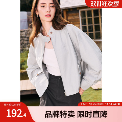betu百图宽松派克服外套新款简约立领银灰色短款休闲外套