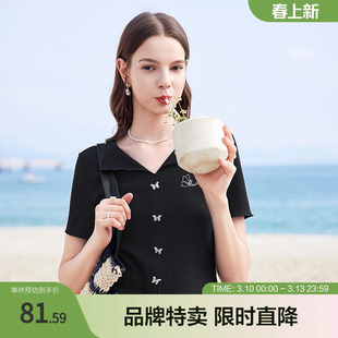 betu百图绣花针织T恤夏季蝴蝶钮扣装饰气质V领短袖T恤女