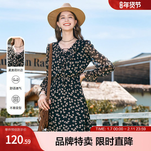 betu百图新款碎花系带复古气质高腰显瘦连衣裙子