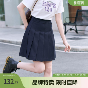 百图极简百搭百褶裙高腰A字裙双袢扣装 饰小个子短裙