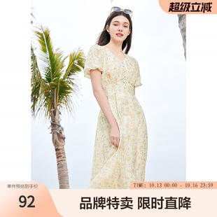 betu百图印花连衣裙夏款气质V领泡泡袖收腰显瘦中长裙