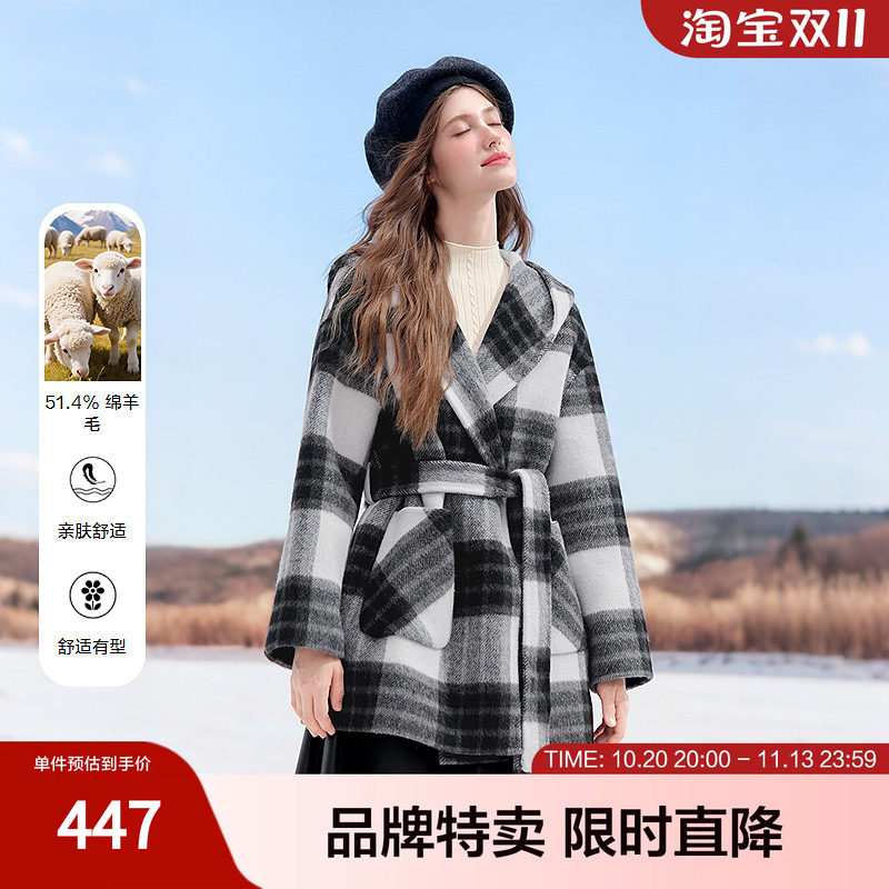 betu百图经典黑白格纹大衣冬季女毛呢外套中长款收腰保暖通勤