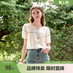 betu百图系带衬衫夏款流苏系带领插肩袖套头短袖女式衬衫