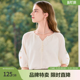 女式 betu百图花朵刺绣五分袖 温柔气质圆领五分袖 夏款 衬衫