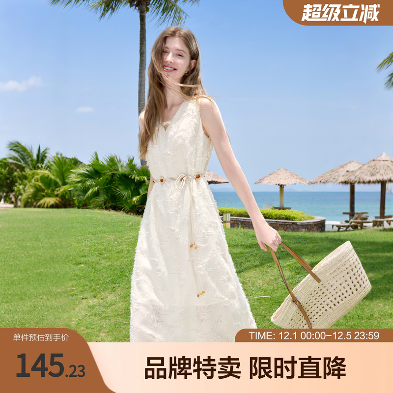 betu百图法式复古风夏季V领无袖连衣裙设计感高腰显瘦长款