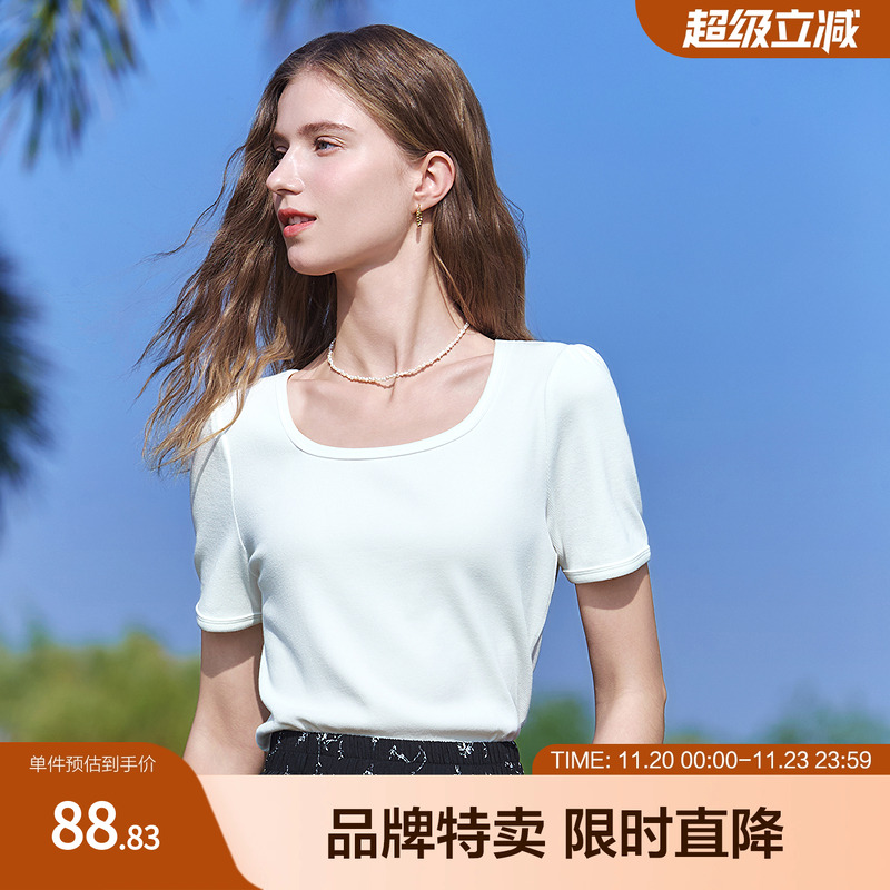 百图betu新款坑条针织T恤方领显瘦泡泡袖极简短袖女式T恤