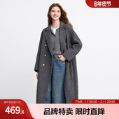 轻奢极简毛呢大衣气质优雅纯色翻领双排扣韩系长款 保暖毛呢外套