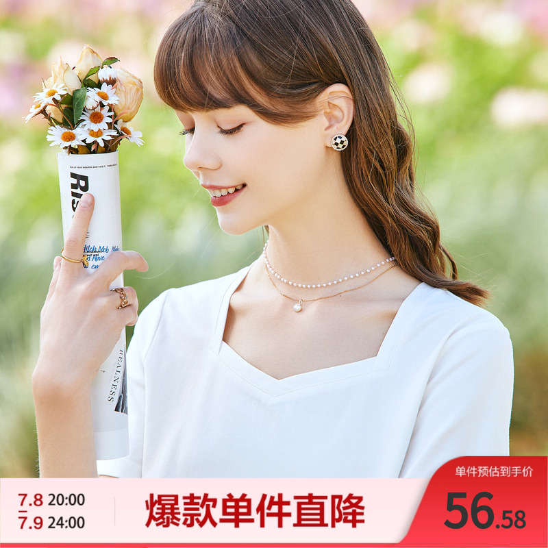Betu百图短袖t恤女白色方领法式上衣设计感小众夏季新款