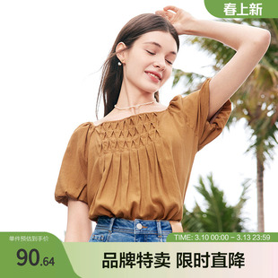 betu百图甜美减龄娃娃衫夏款设计感捏褶方领泡泡袖衬衫女