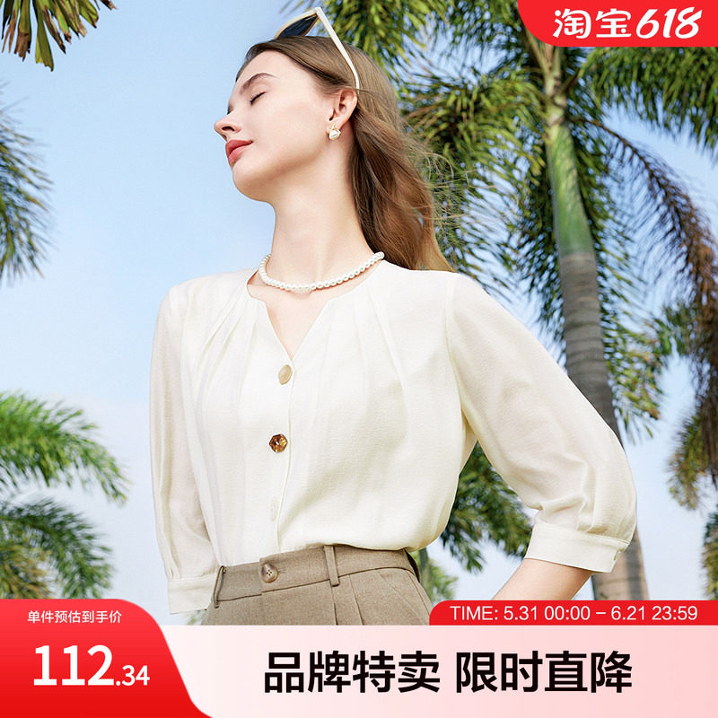 betu百图七分袖衬衫春夏时髦法式不规则纽扣七分袖女式衬衫