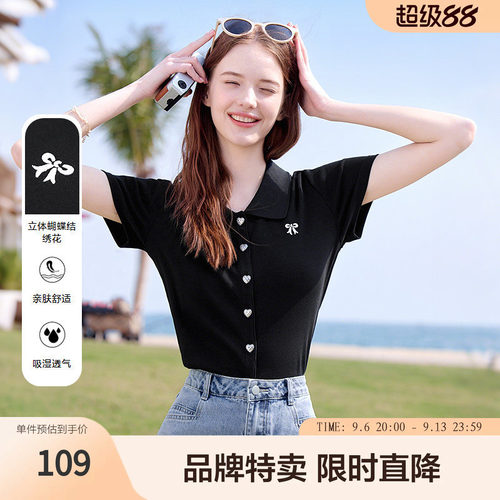 百图黑色翻领短袖蝴蝶结小清新百搭舒适简约修身女生T恤