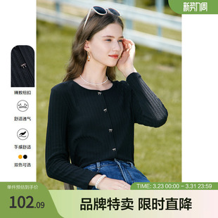 百图蝴蝶结纽扣T恤秋蝴蝶结纽扣装 饰纯色套头圆领T恤