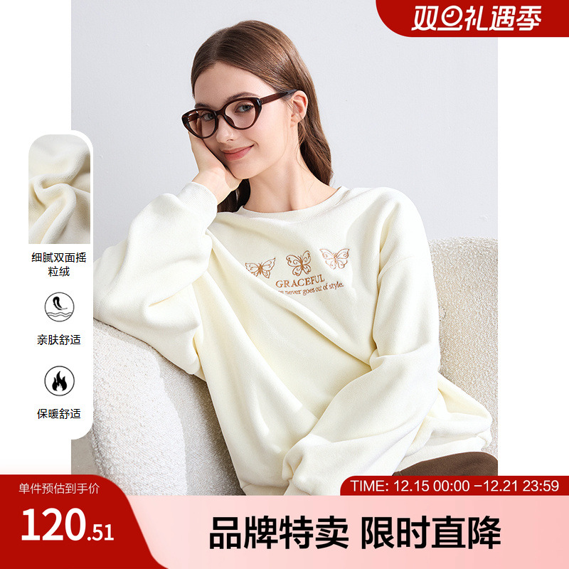 betu百图双面摇粒绒卫衣精致刺绣宽松落肩袖保暖卫衣