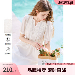 百图白月光小白裙镂空蕾丝拼接显瘦V领中长款连衣裙