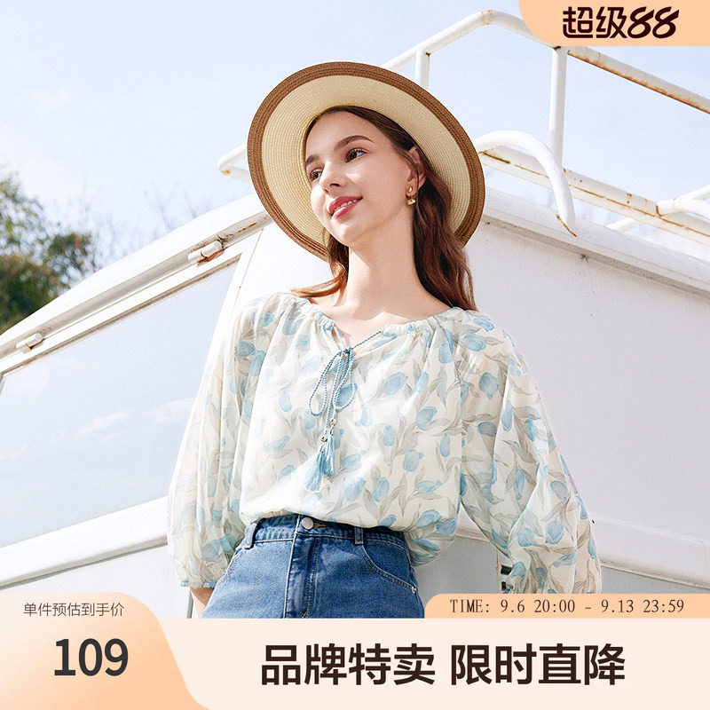 betu百图碎花雪纺衬衫夏款郁金香印花减龄灯笼袖流苏系带上衣图片