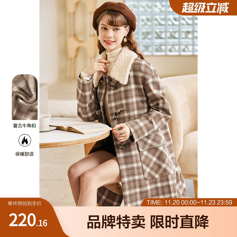 betu百图毛呢外套女牛角扣仿羊羔毛中长款棉大衣冬季新款