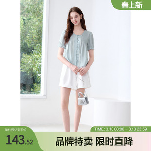 Betu百图法式高级感小衬衣夏季款圆领短袖舒适透气日常通勤