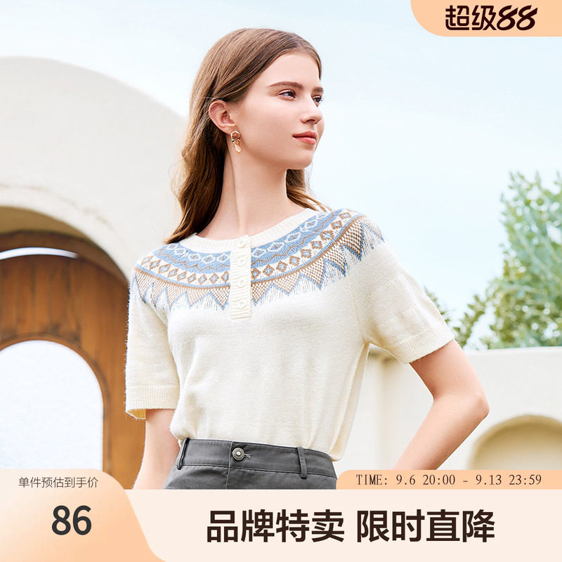 betu百图费尔岛提花针织衫夏款简约圆领套头短袖衫上衣