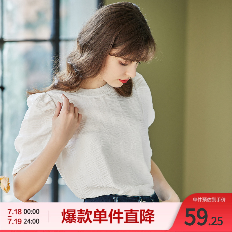 百图短袖T恤女潮ins气质泡泡袖圆领白色上衣春夏新款