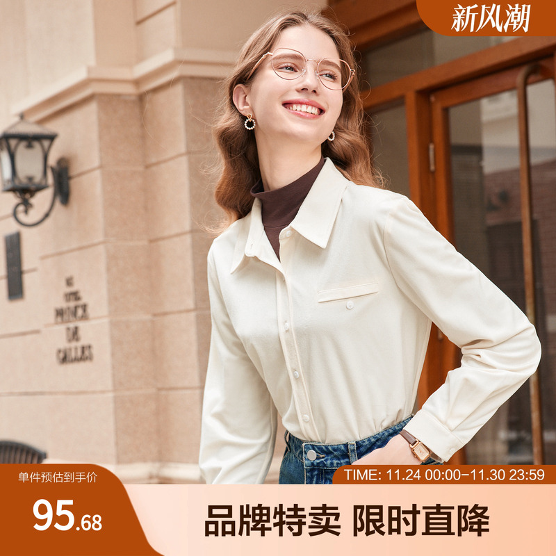 betu百图冬季新款简约翻领OL通勤职业长袖衬衫衬衣