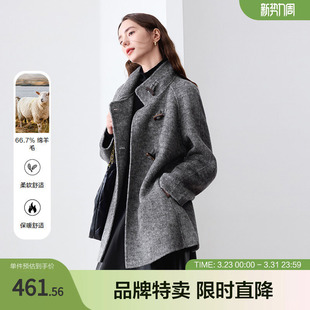 betu百图立领毛呢外套牛角扣保暖双面呢女式 毛呢大衣