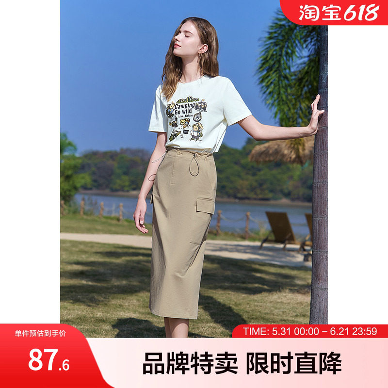 百图betu新款趣味野营印花T恤减龄套头圆领女式短袖T恤