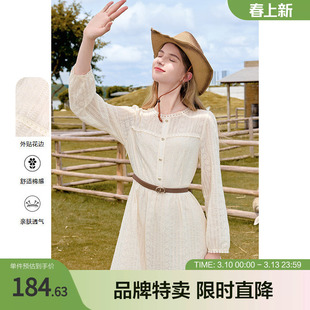 betu百图气质蕾丝连衣裙花边领收腰腰带中长款长袖连衣裙