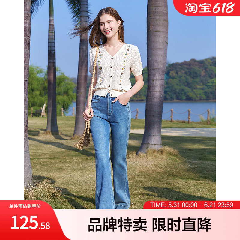 百图会呼吸的针织衫镂空小清新花卉刺绣显瘦V领套头纯棉针织衫女