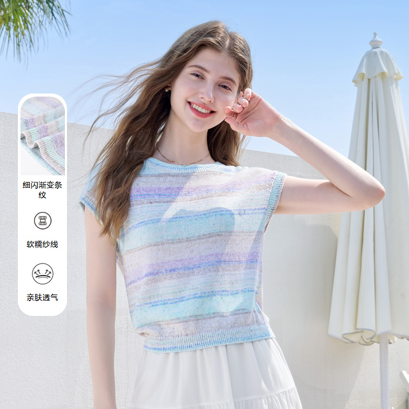 betu百图多巴胺细闪短袖彩色条纹圆领衫亲肤透气通勤