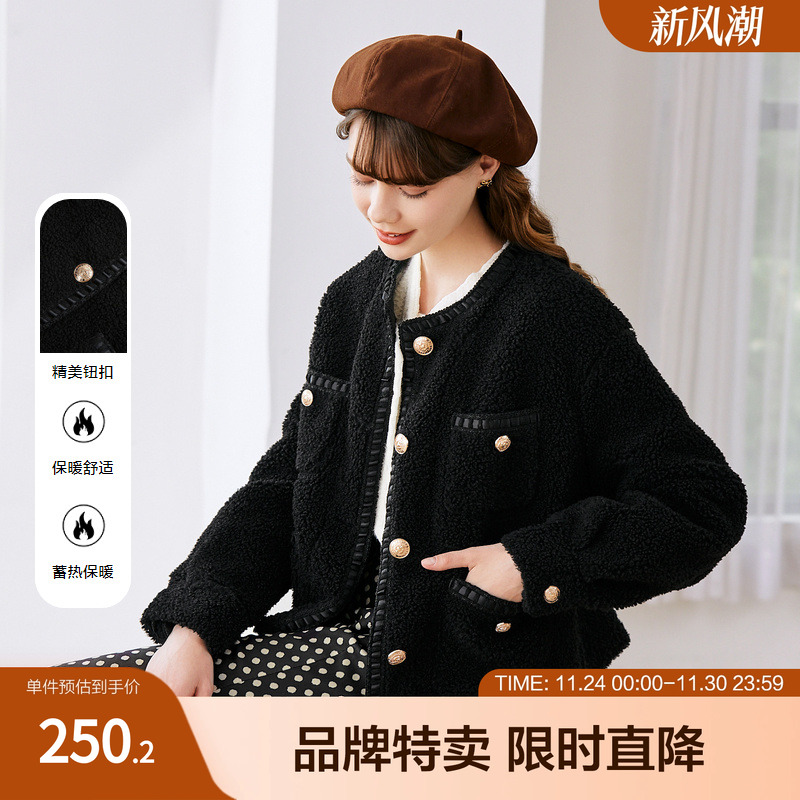 betu百图短款毛呢外套女仿羊羔绒小个子设计感棉衣冬季新款