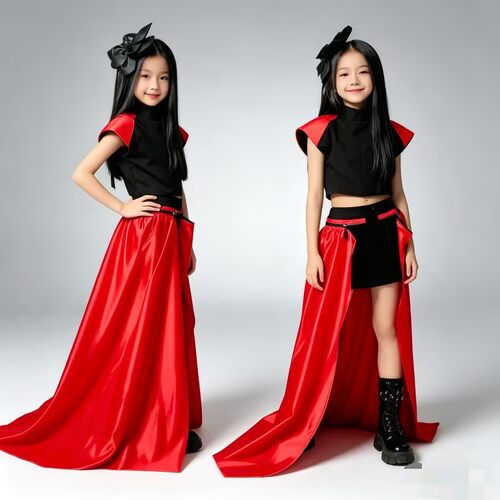 儿童模特形体走秀潮服女童酷潮服高端车模T台服装黑色套装演出服