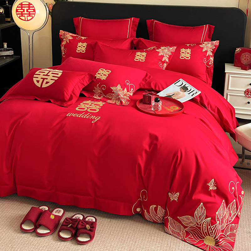 中式婚庆四件套红色刺绣婚房婚礼绣花喜被结婚被套新婚床上用品