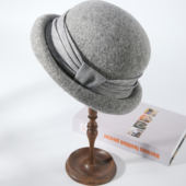 英伦复古灰色羊毛礼帽女秋冬百搭时尚 蝴蝶结平沿帽1215