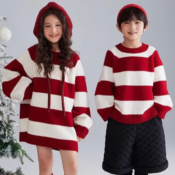 男女童毛衣秋冬款圣诞儿童装宽松中长款针织衫宝宝条纹兄妹姐弟装