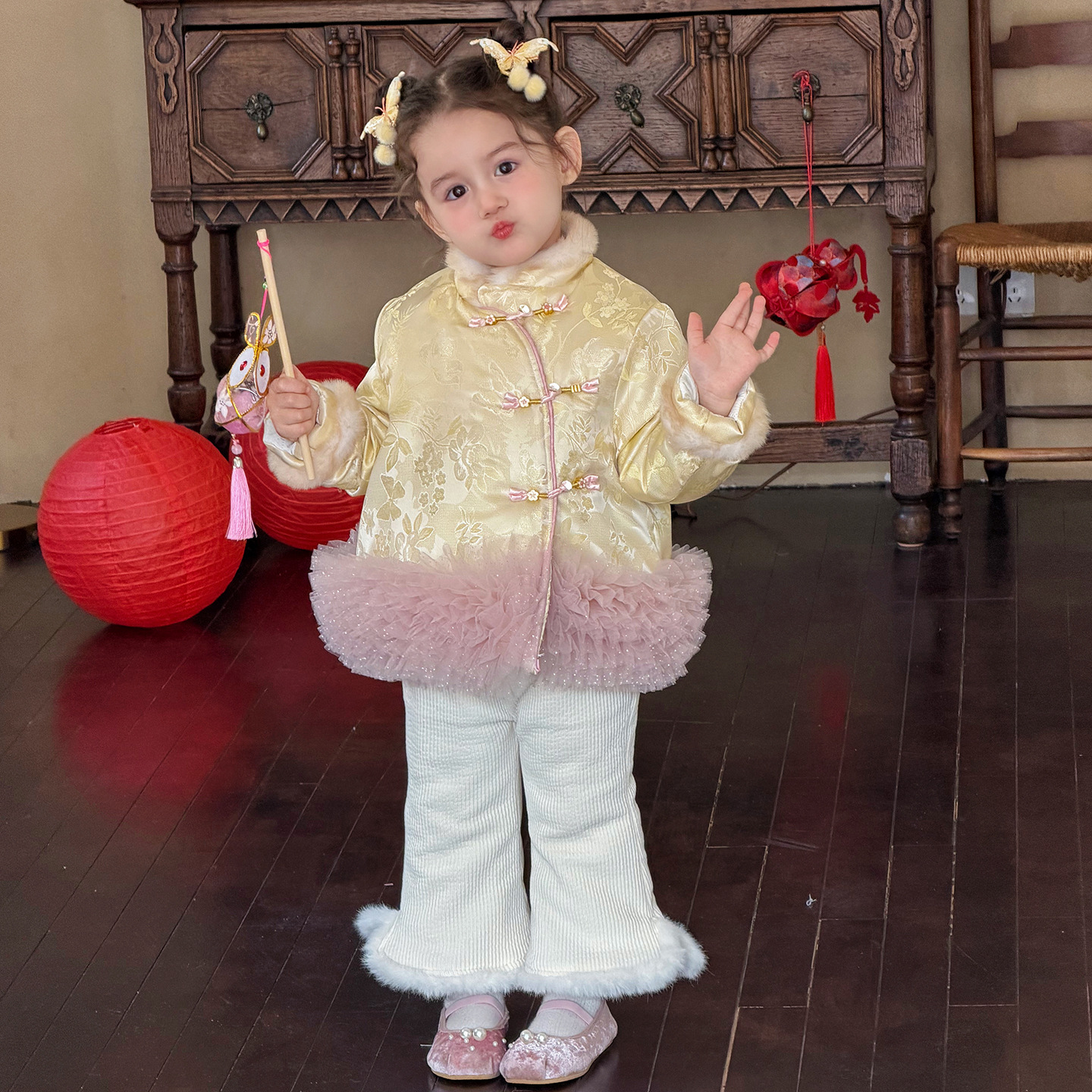 女童新中式汉服外套冬装儿童加厚国风旗袍唐装宝宝过年新年装礼服