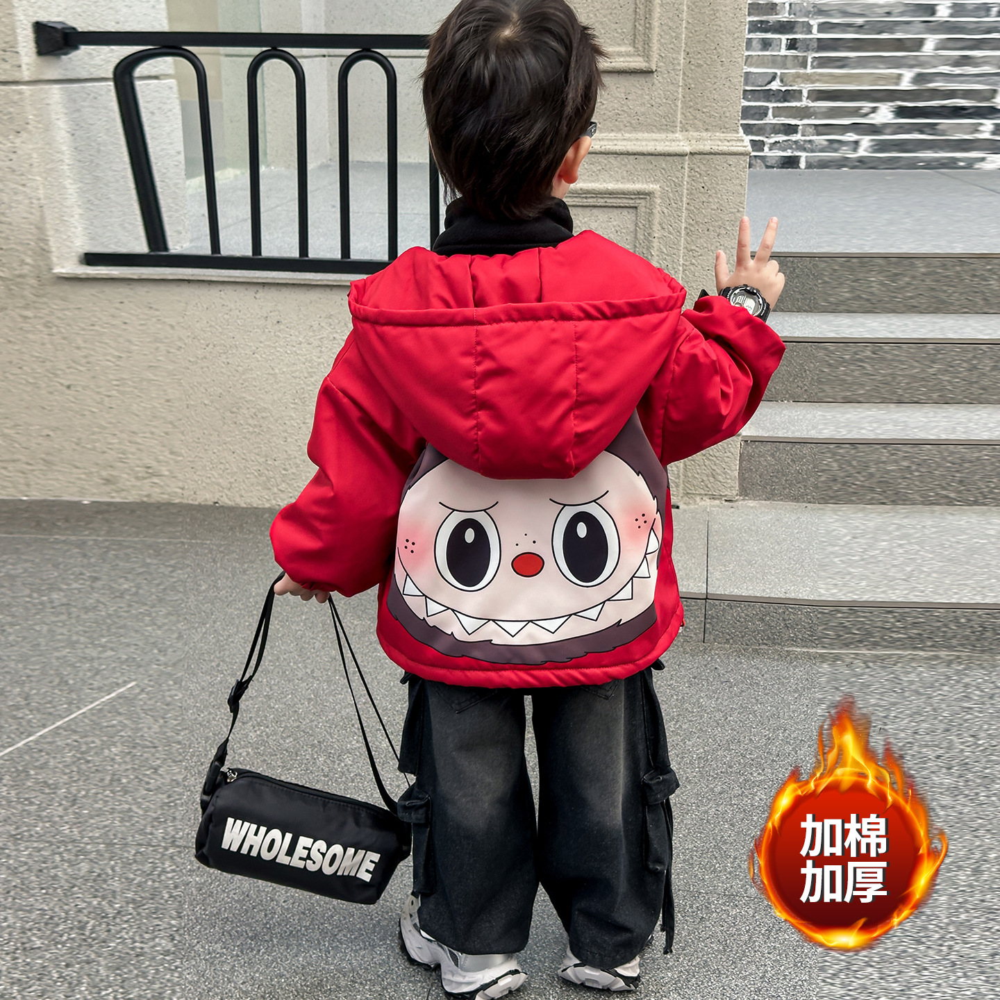 男童外套秋冬款新款酷帅男宝宝夹棉冲锋衣儿童冬装加厚拉布布上衣