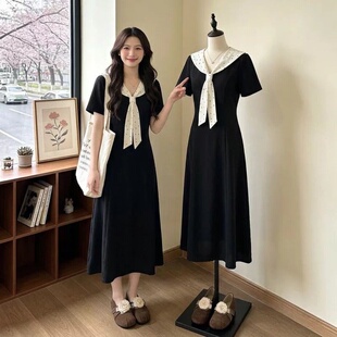 温柔减龄黑色海军领正肩连衣裙女2026新款夏大码胖显瘦巨好看裙子