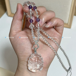 双面雕刻狐狸吊坠天然白水晶九尾狐水晶项链狐牌锁骨链白狐挂坠女