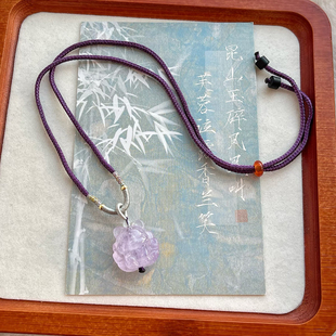 天然紫水晶九尾狐吊坠薰衣草紫晶立体狐狸项链桃花狐牌锁骨链学生