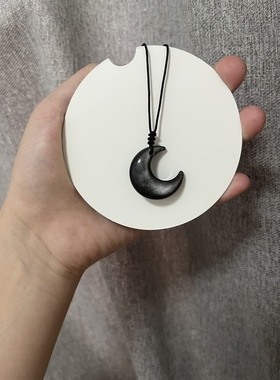天然银曜石月亮吊坠复古黑曜石男女情侣款项链甜酷毛衣链冷淡礼物