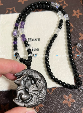 天然银曜石月亮狐吊坠黑曜石狐狸项链九尾狐毛衣链狐牌锁骨链甜酷