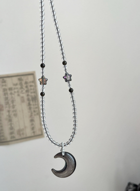 天然银曜石月亮吊坠项链星星锁骨链小众闺蜜情侣锁骨白水晶毛衣链